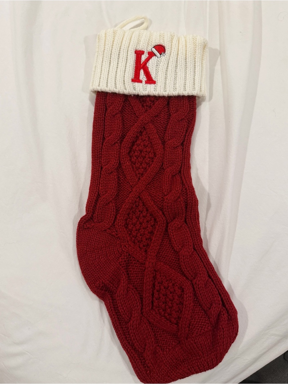 K Embroidered Red and Cream Knit Holiday Stocking